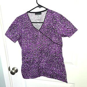 Cherokee Scrub Top Purple Black White Animal Print Wrap Look Size XS